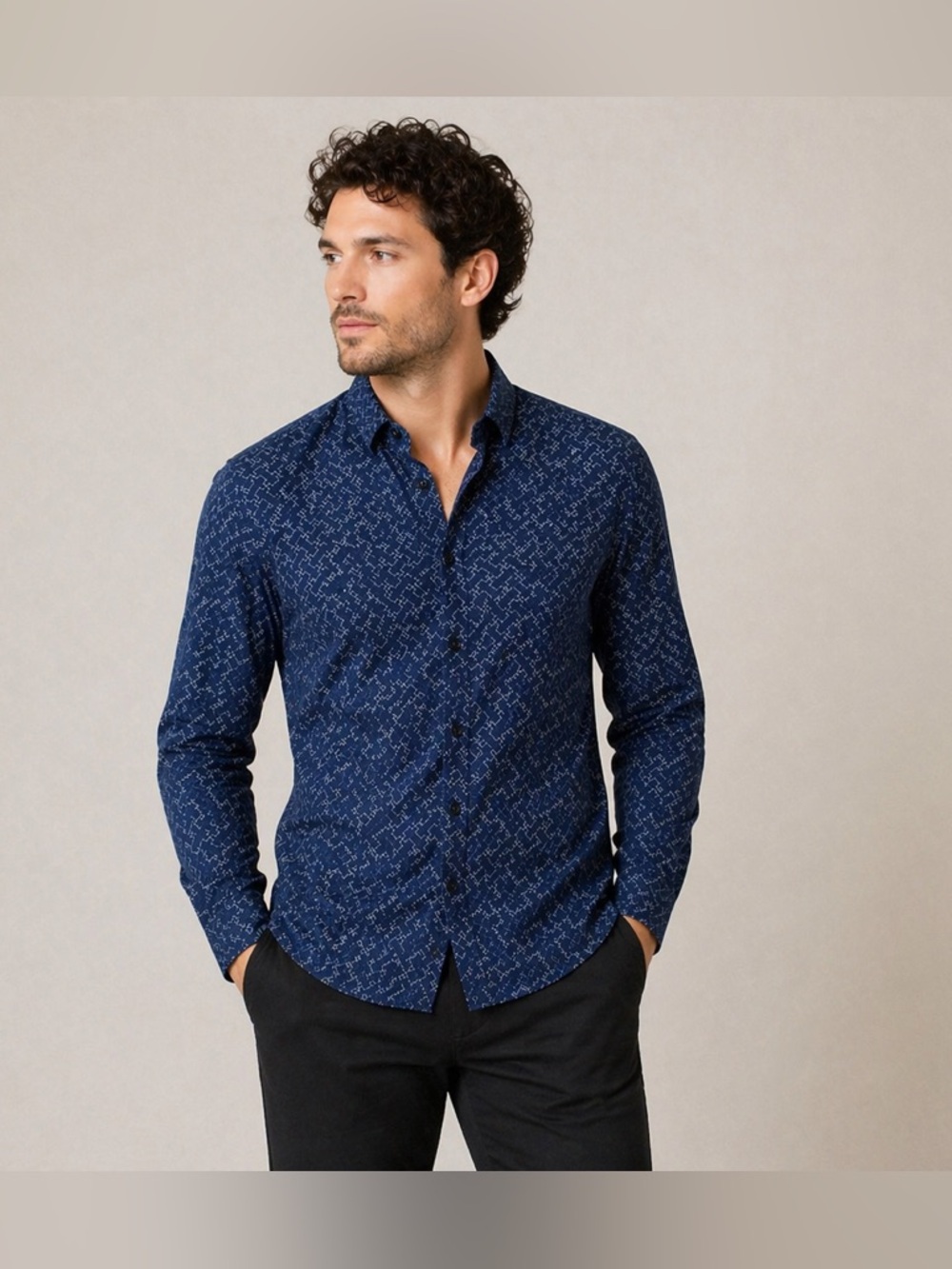 The Kooples Men’s Navy Geometric Print Button Down Shirt Size S Fitted Slim